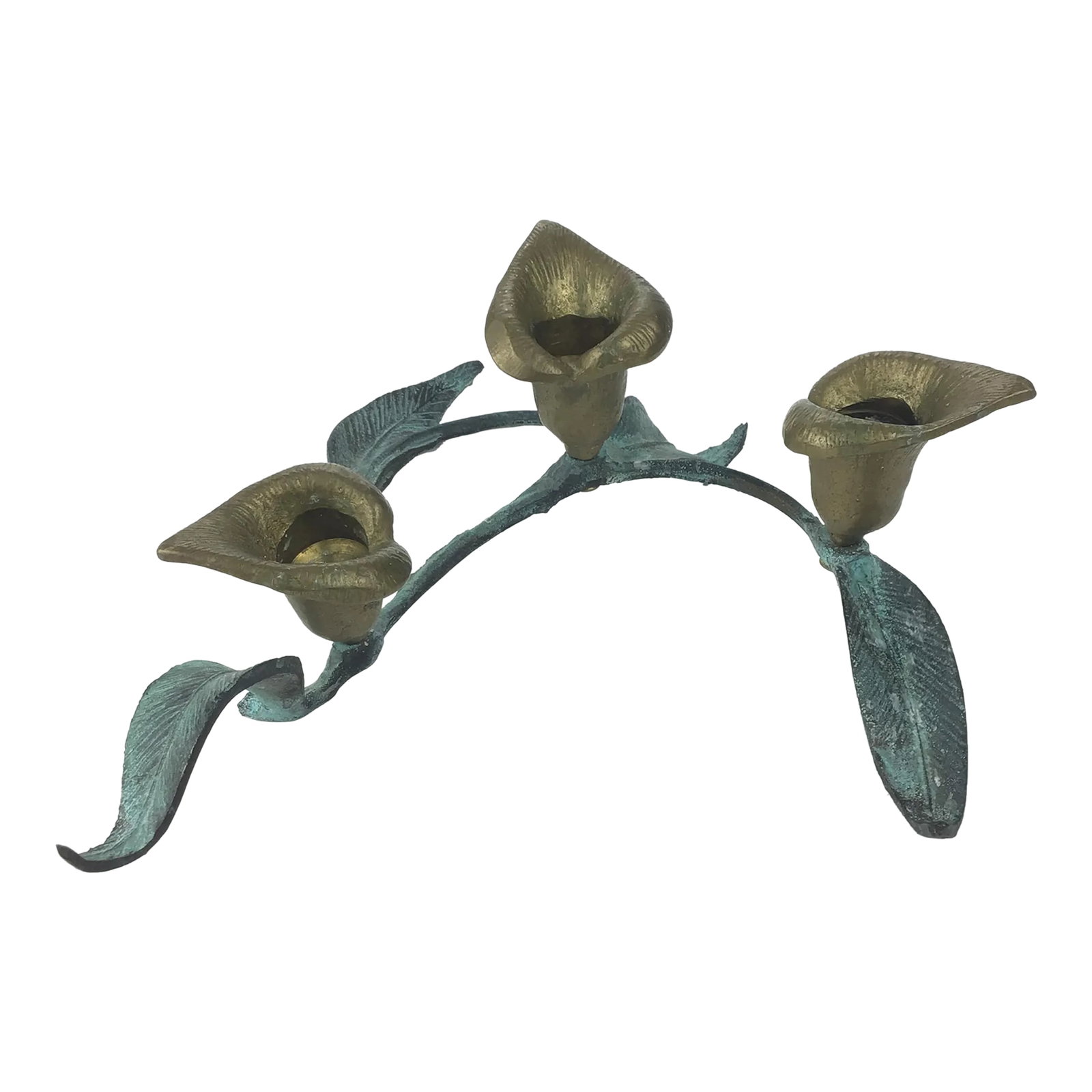 Free Form Artisan Brass Candle Holder Sculpture: Heavy designer brass or bronze carved candle holder. The bronze leaves with beautiful bluish green patina are winding between the 3 candle holders formed into flowers. This piece is not signed
