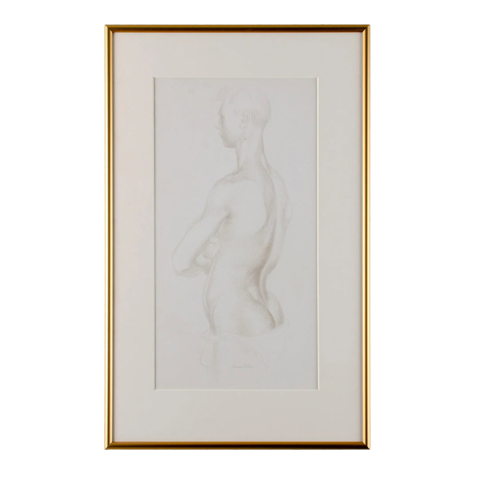 Bernard Perlin Self Portrait Sketch: Bernard Perlin (Richmond, VA 1918-2014) self-portrait, c.1940s silverpoint on paper signed lower center, Bernard Perlin Sight: 7 1/2 by 14 1/2 inches Frame: 12 1/4 by 19 3/4 inches Perlin produced