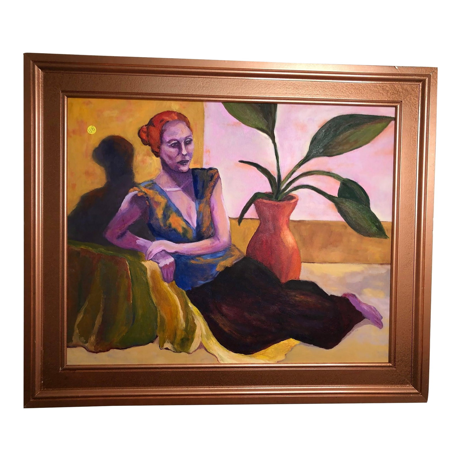 "The Quiet Recline" - Late 20th Century Oil on Canvas, Framed: This striking oil on canvas features a stylized portrait of a seated woman rendered in rich, saturated tones and expressive brushwork. Measuring 36 inches by 30 inches, the composition blends