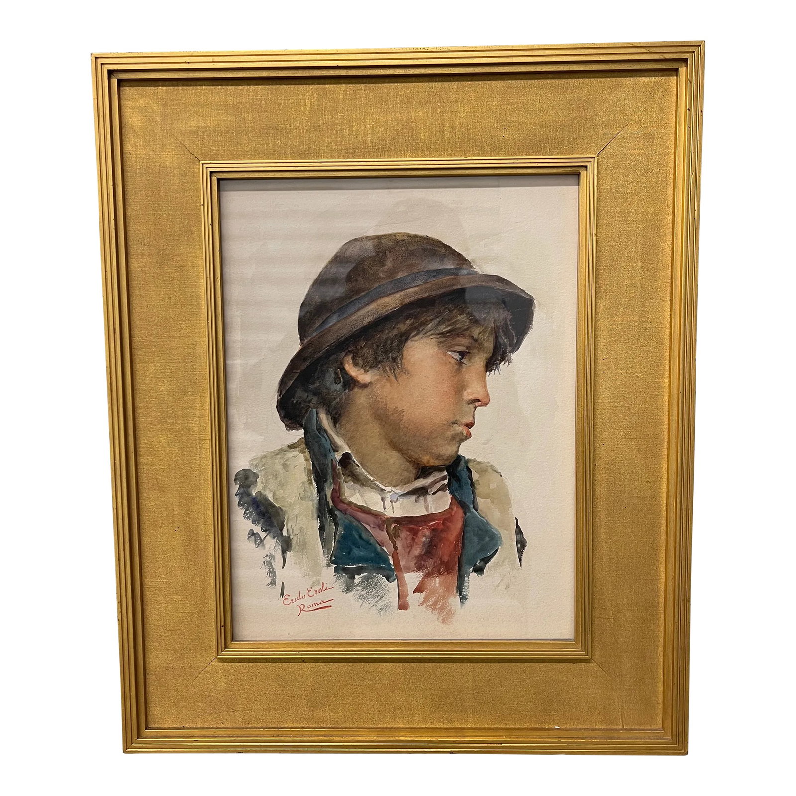 Erulo Eroli (Italian, 1854-1916) Watercolor Portrait of a Boy: Erulo Eroli (Italian, 1854-1916), circa 1900. An accomplished watercolor of a young boy. Possibly a study for a large scale piece as he was known for doing. Signed to lower left and presented in a