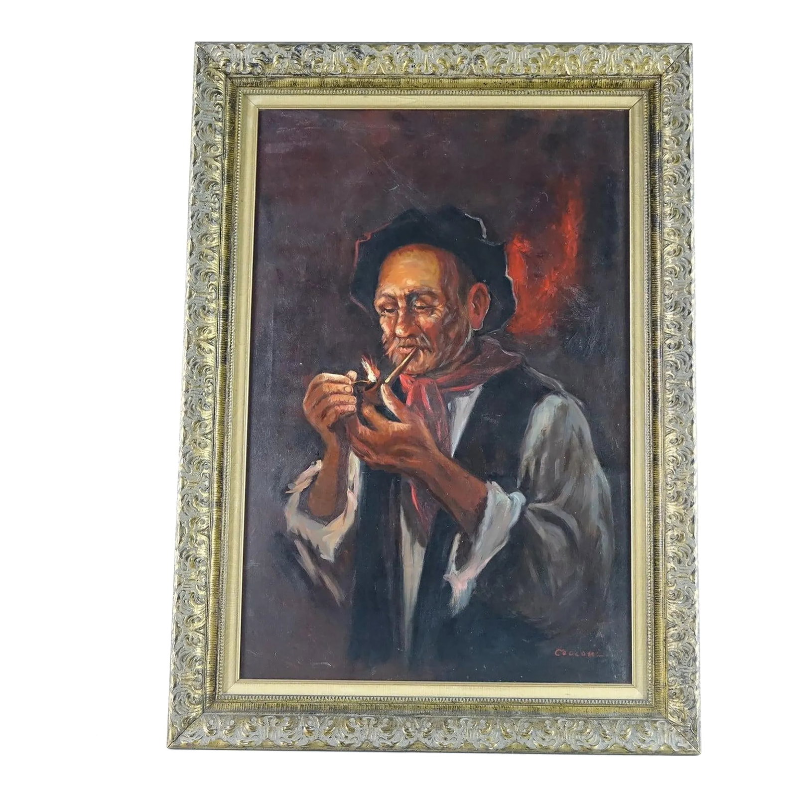 Antique Portrait Large Original Oil on Canvas Signed by Artist Alberto Cecconi: This striking antique oil on canvas by Alberto Cecconi depicts an old man with a mustache, smoking a pipe, and wearing a vibrant red scarf. The artist's signature graces the piece, showcasing