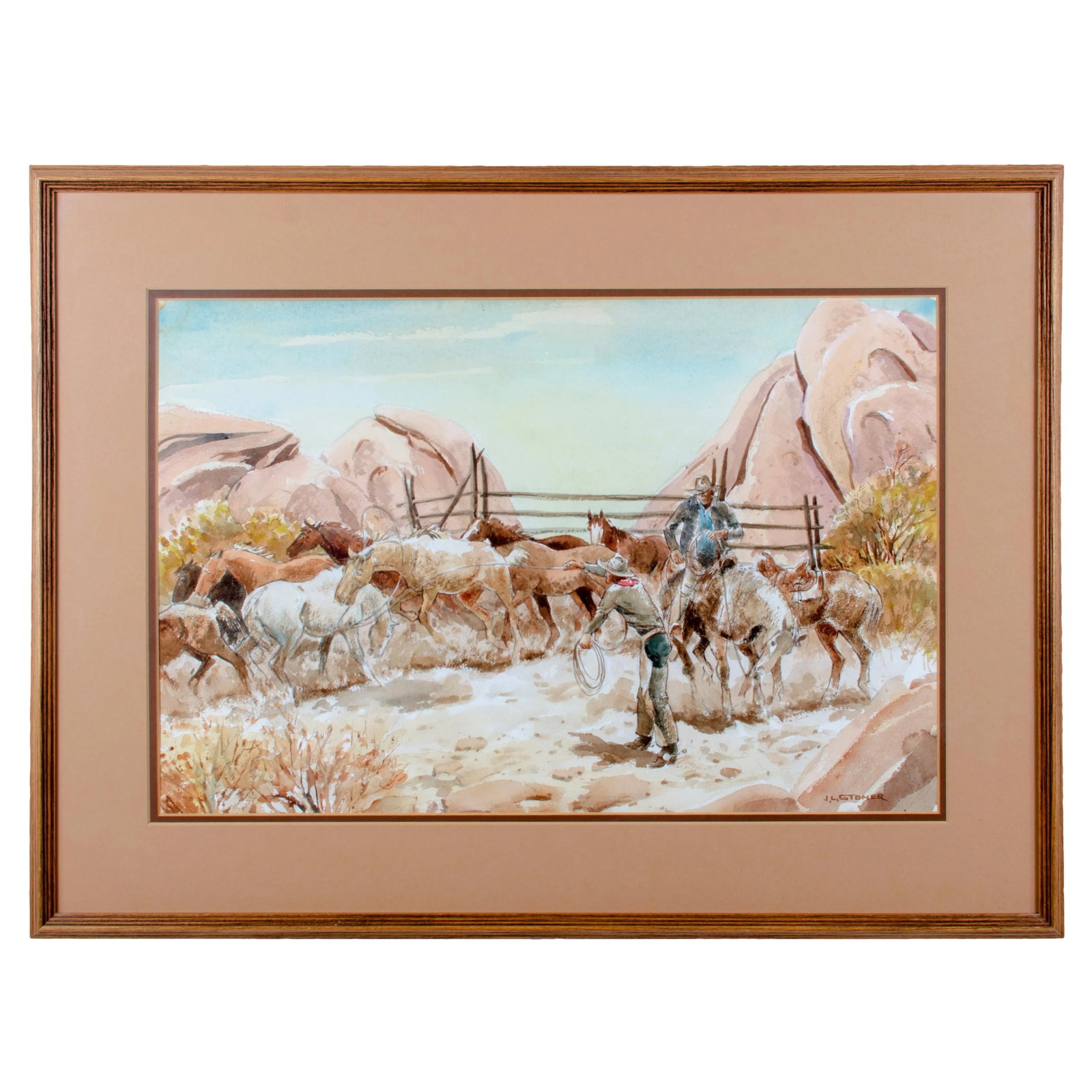Mid 20th Century Horse Wranglers Watercolor Painting: John Lawrence Stoner (California, 1906-1976) Horse Wranglers watercolor Signed lower right, J.L. Stoner Sight 21 5/8 by 14 1/4 inches Frame 29 by 21 3/4 inches Vintage watercolor depicting horse