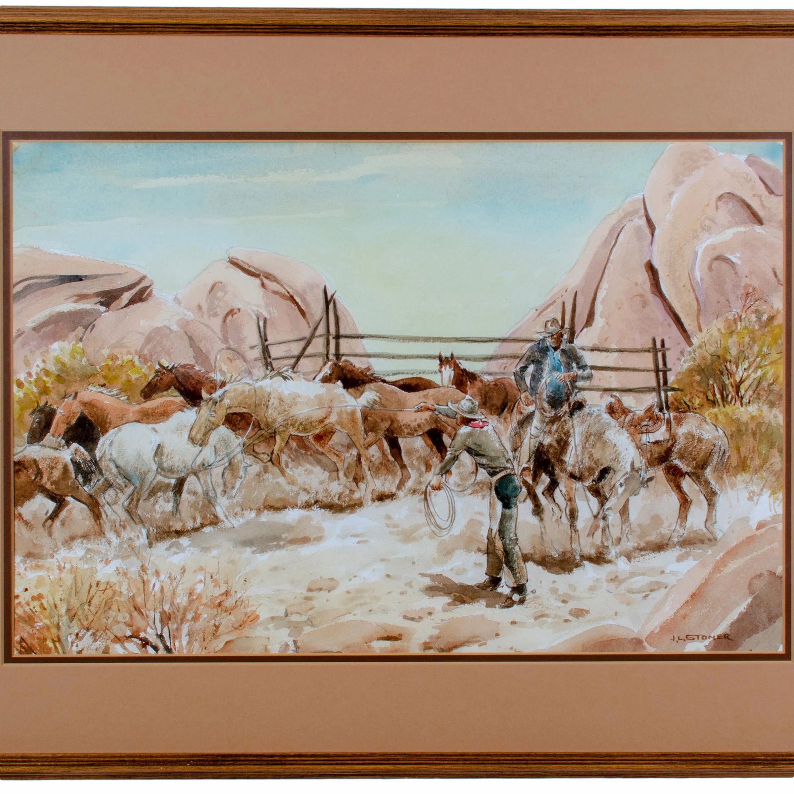 Mid 20th Century Horse Wranglers Watercolor Painting - 2