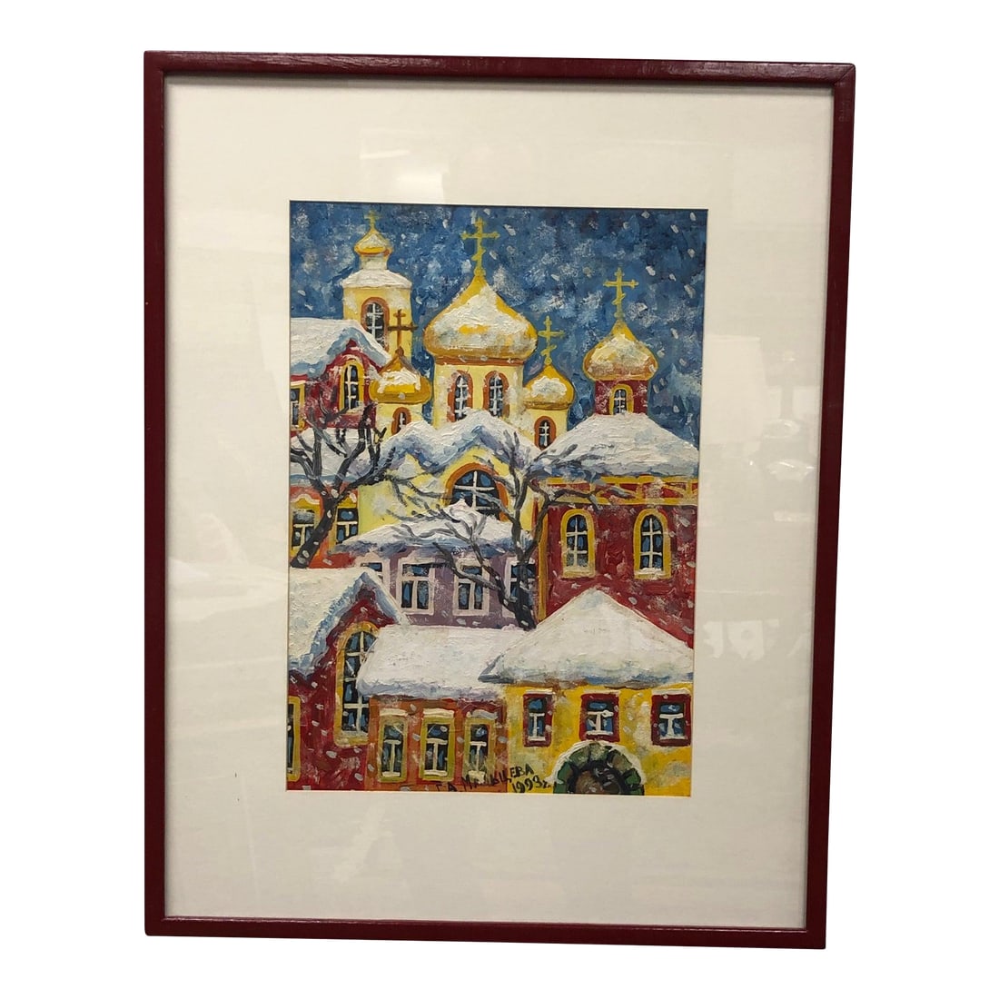 "Inside the Monastery Walls" - 1993 Original Watercolor Signed, Framed: Vivid and evocative, "Inside the Monastery Walls" is a striking 1993 original watercolor by G. Maltseva, painted in Moscow and part of the artist's Russian Countryside Series (#31). This expressive wo
