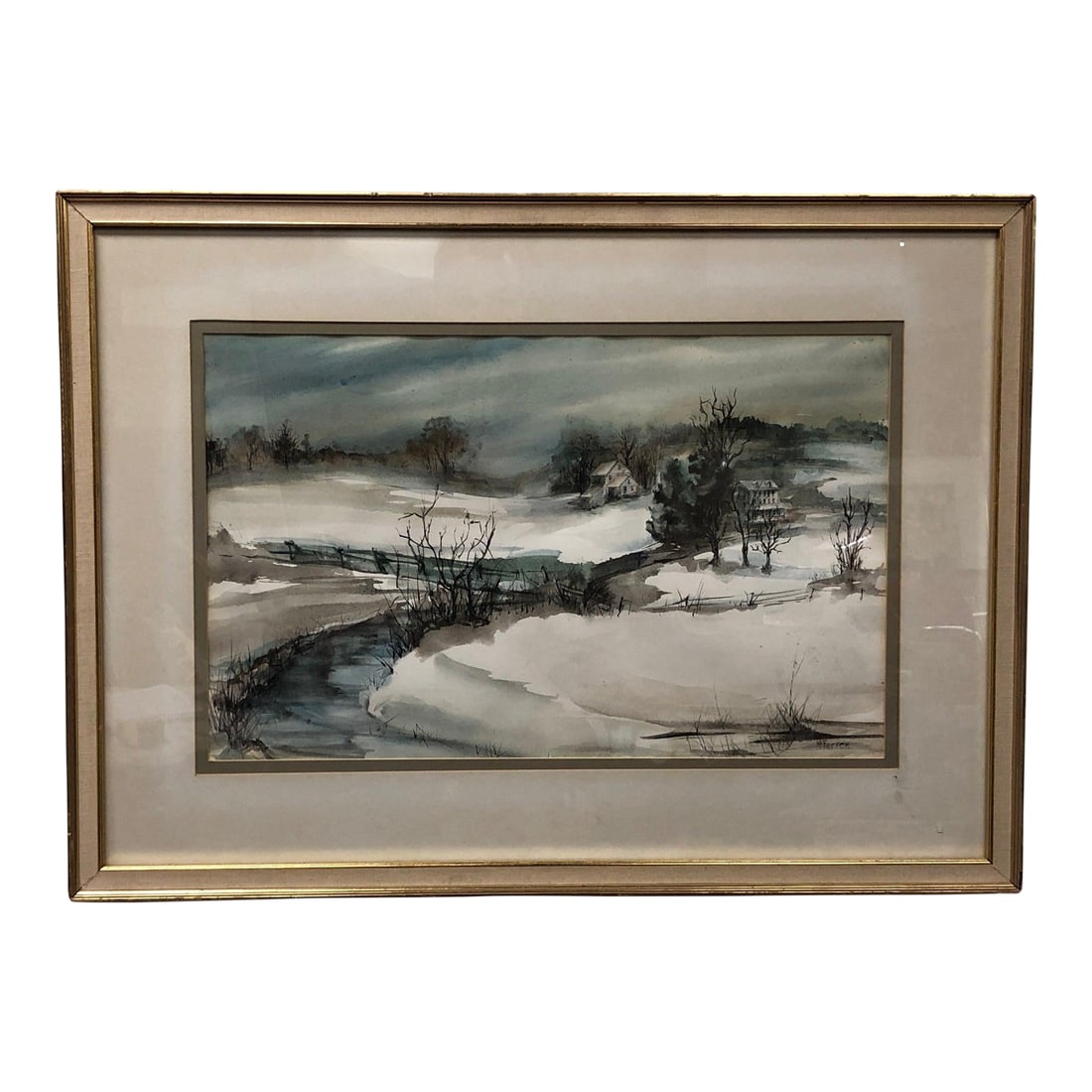 "Frozen in Tranquility" - Mid 20th Century Landscape Original Watercolor Painting Signed, Framed: Winter Bourne by Grace McFarren is a quietly evocative original watercolor painting, capturing the serene stillness of a countryside winter. Rendered in a restrained yet expressive palette of muted