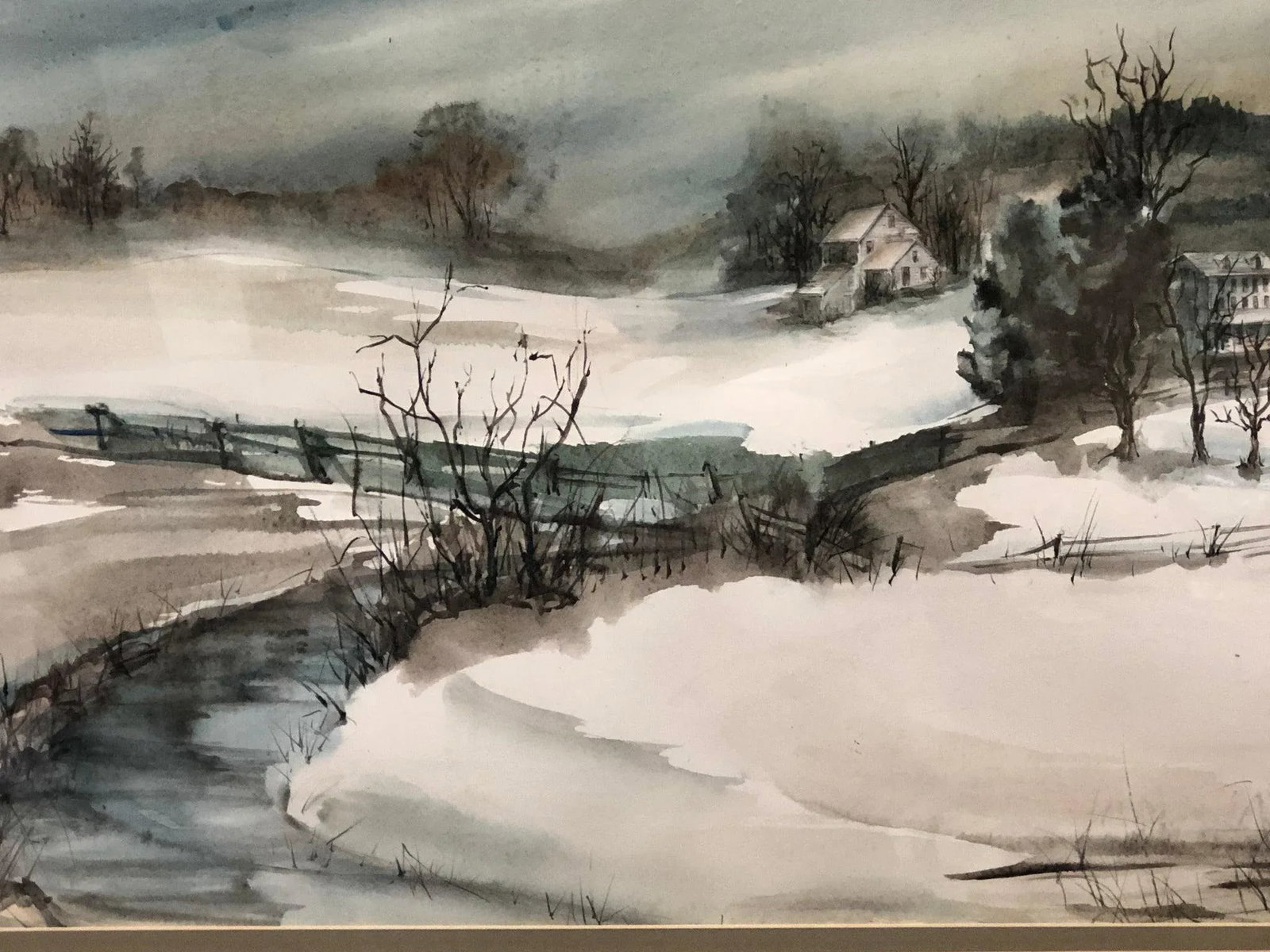 "Frozen in Tranquility" - Mid 20th Century Landscape Original Watercolor Painting Signed, Framed - 2