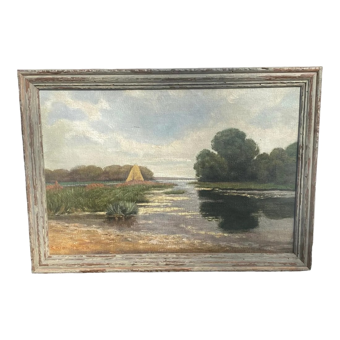1920 Framed Oil on Board Landscape "Delmarva" by Artist R. Kiemitz: Beautiful 1920 Framed Oil on Board Landscape "Delmarva" by Artist R. Kiemitz. This lovely painting shows the tranquility of the shores along Delmarva and features a small sailboat in the distance. The