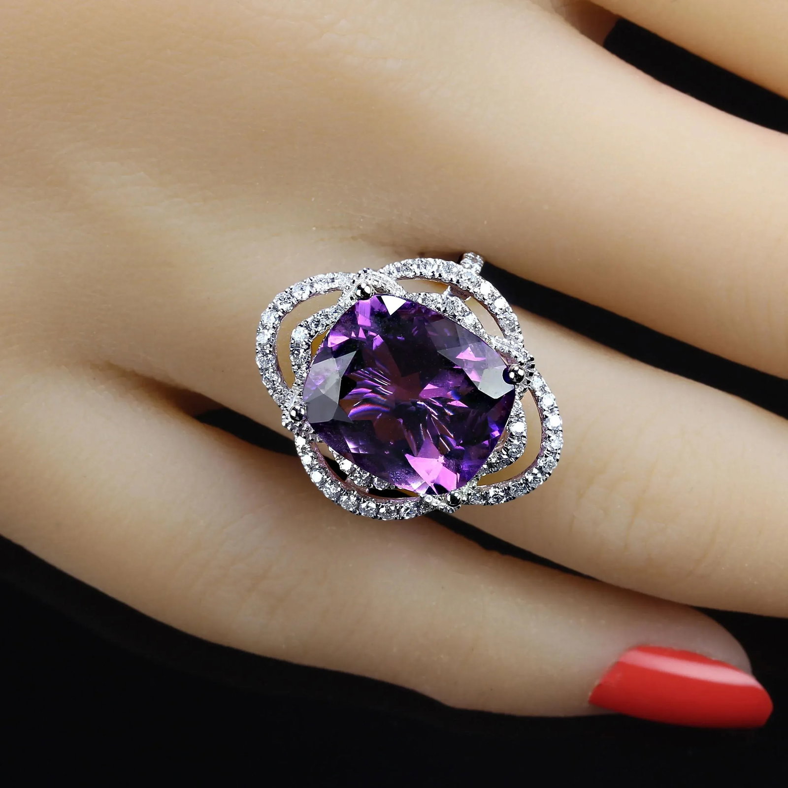 Cocktail Ring of Sparkling Amethyst and Diamonds Size 6.5 - 2