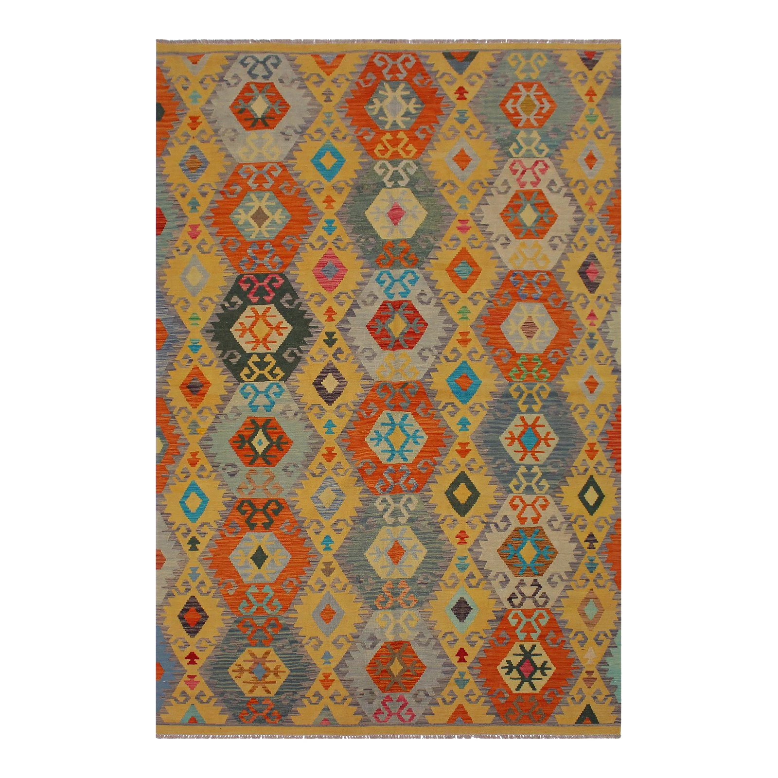 Boho Chic Kilim Gold Gray Wool Rug - 6'7" X 9'10": Add a touch of elegance to your home with this casual chic hand woven Tribal Kilim wool rug. Constructed on a loom by Nomad Turkman people with hand-spun wool and 100% Natural Vegetable dyes these