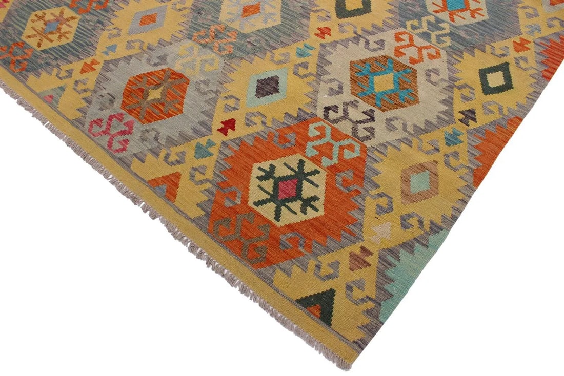 Boho Chic Kilim Gold Gray Wool Rug - 6'7" X 9'10" - 3