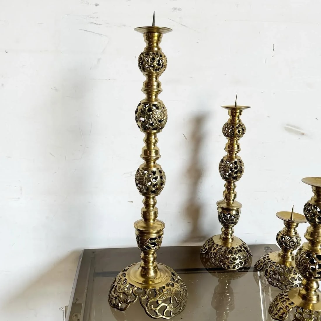 Monumental Japanese James Mont Style Ascending Brass Candle Holders - Set of 4 - 10