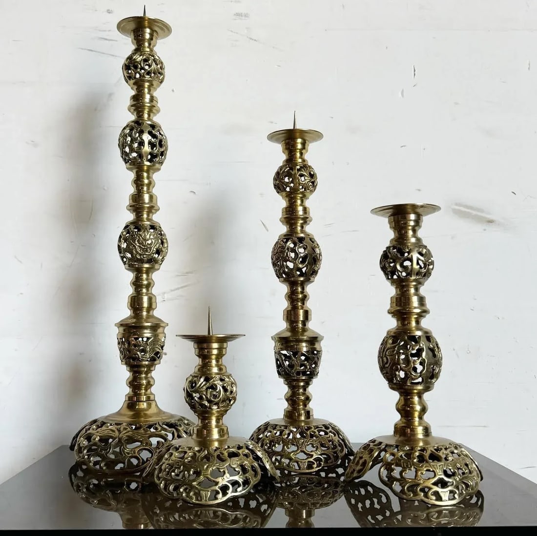 Monumental Japanese James Mont Style Ascending Brass Candle Holders - Set of 4 - 2