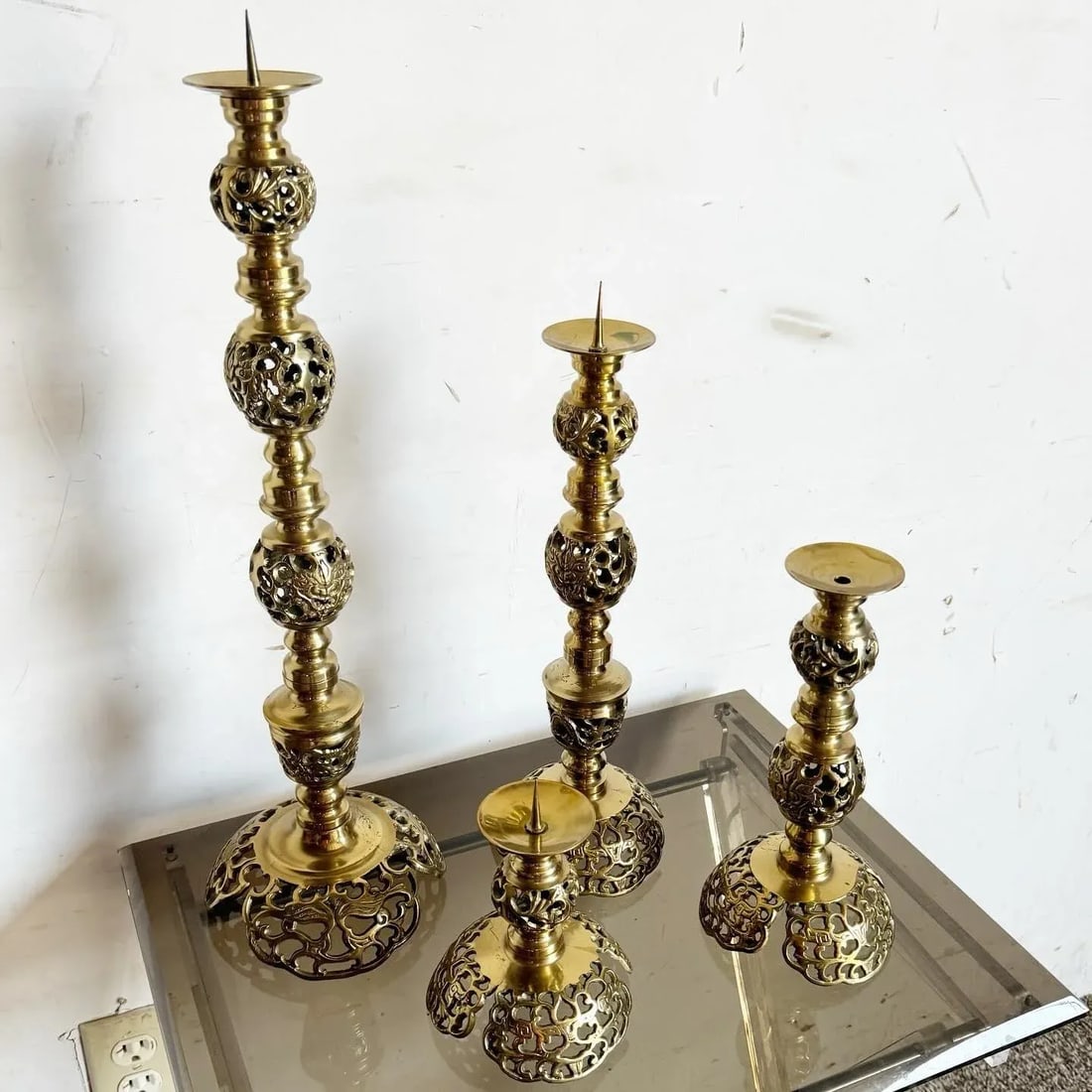 Monumental Japanese James Mont Style Ascending Brass Candle Holders - Set of 4 - 4