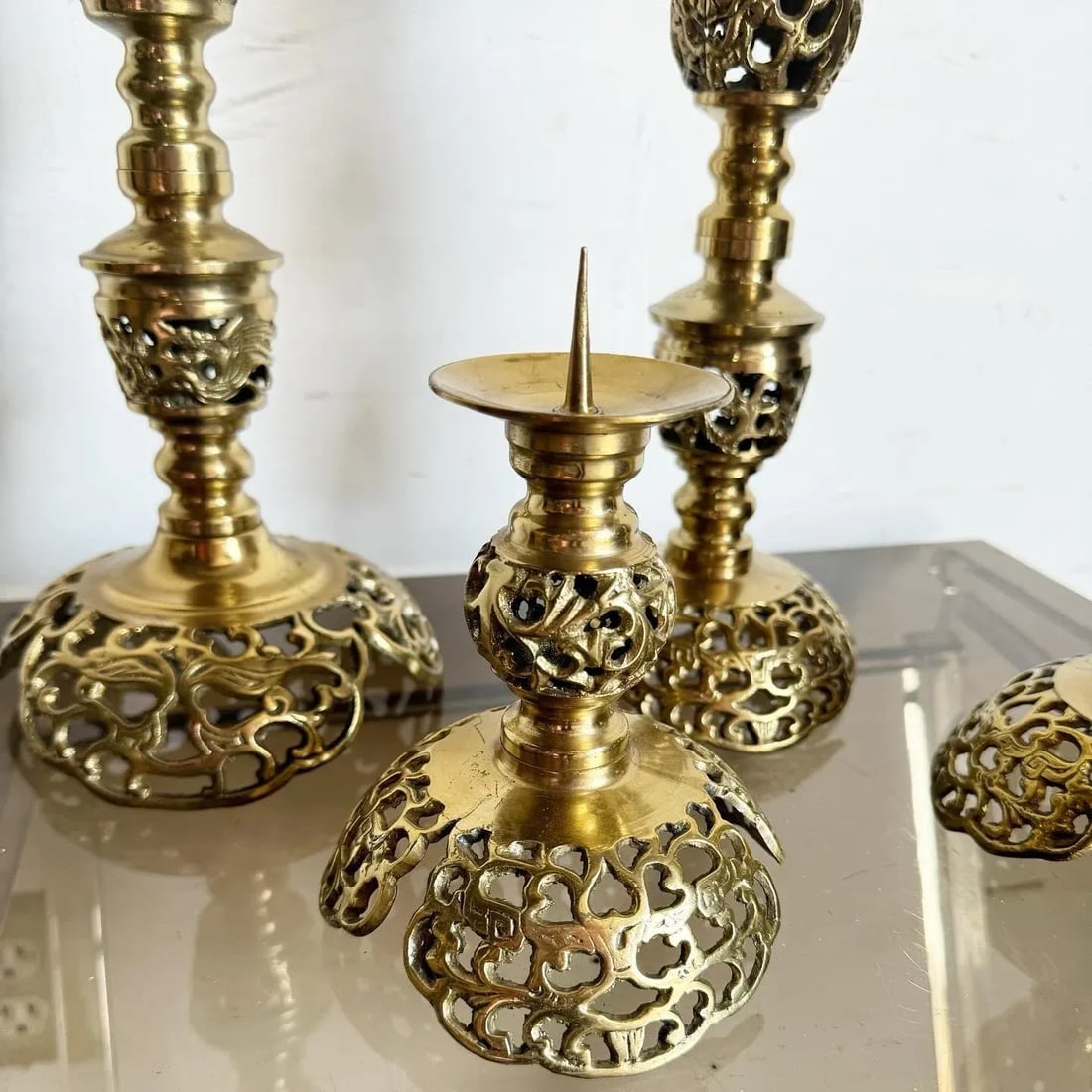 Monumental Japanese James Mont Style Ascending Brass Candle Holders - Set of 4 - 7