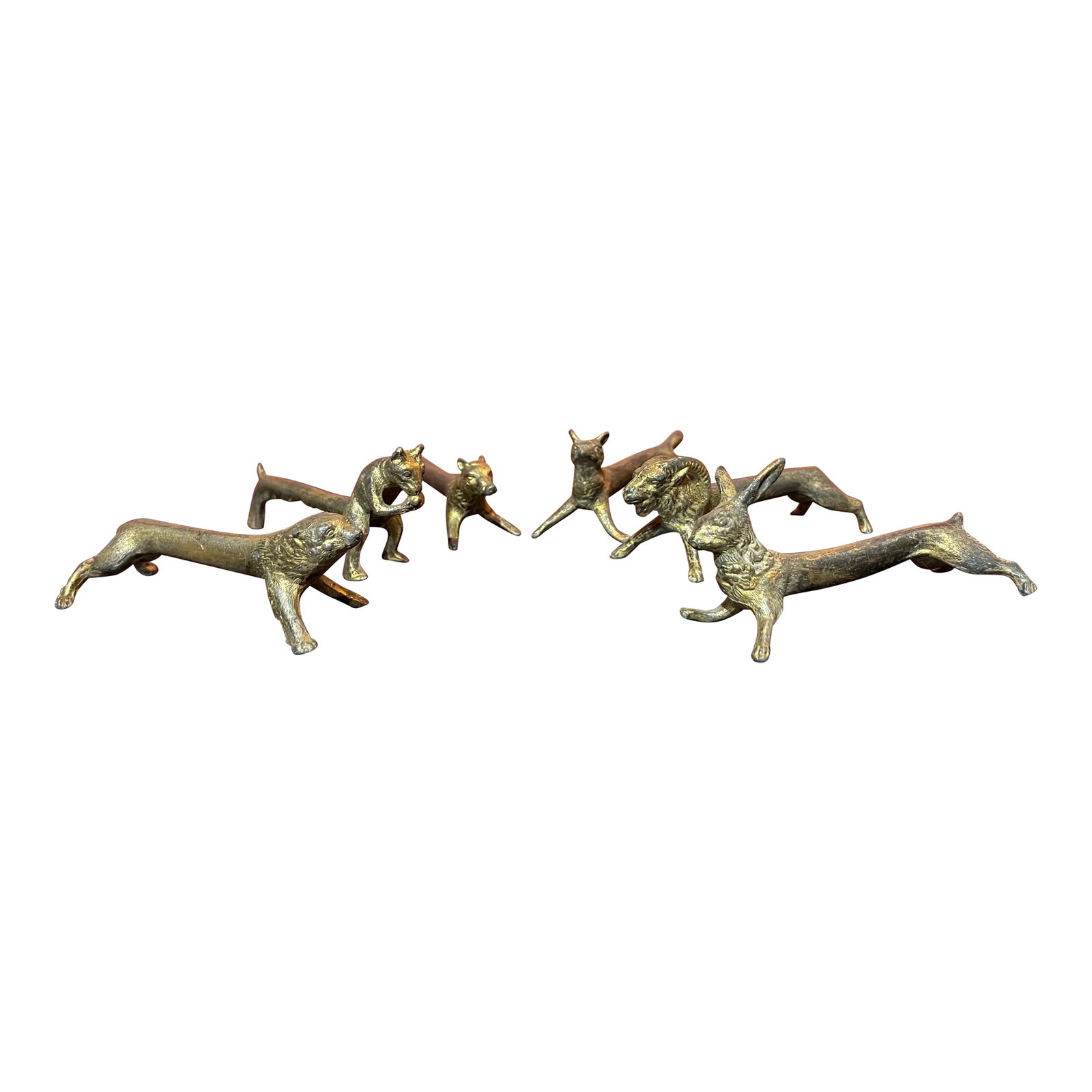 Set of 6 Animalia French Bronzed Knife Rests: This is an adorable set of six French knife rests depicting a ram, a squirrel, a rabbit, a boar and a mystery animal or two! Bring a cheerful look to your table this season with these lovely pieces. C
