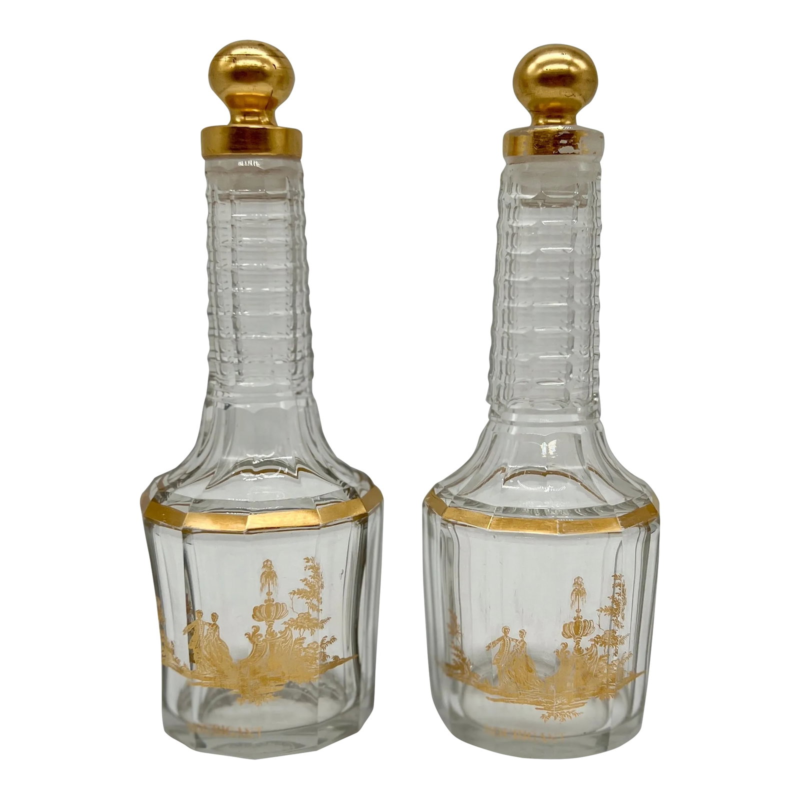 Pair, Antique French Baccarat Houbigant Gilt Crystal Perfume Bottles C. 1920: Baccarat (French, founded 1764), circa 1920. Offered is a great pair of antique French Baccarat Houbigant pattern gilt crystal perfume bottles, circa 1920. These would make great individual decanter b