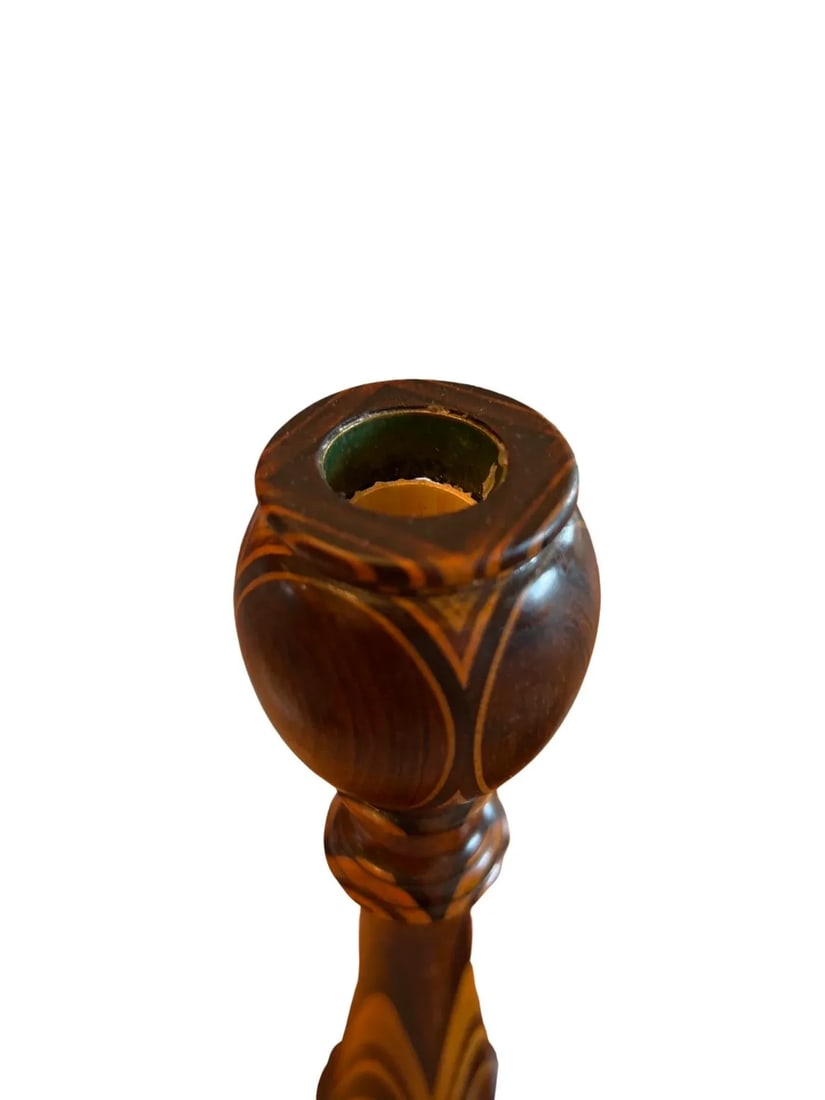 Fine American Turned Walnut & Mixed Marquetry Wood Candlesticks Circa 1925 - 10