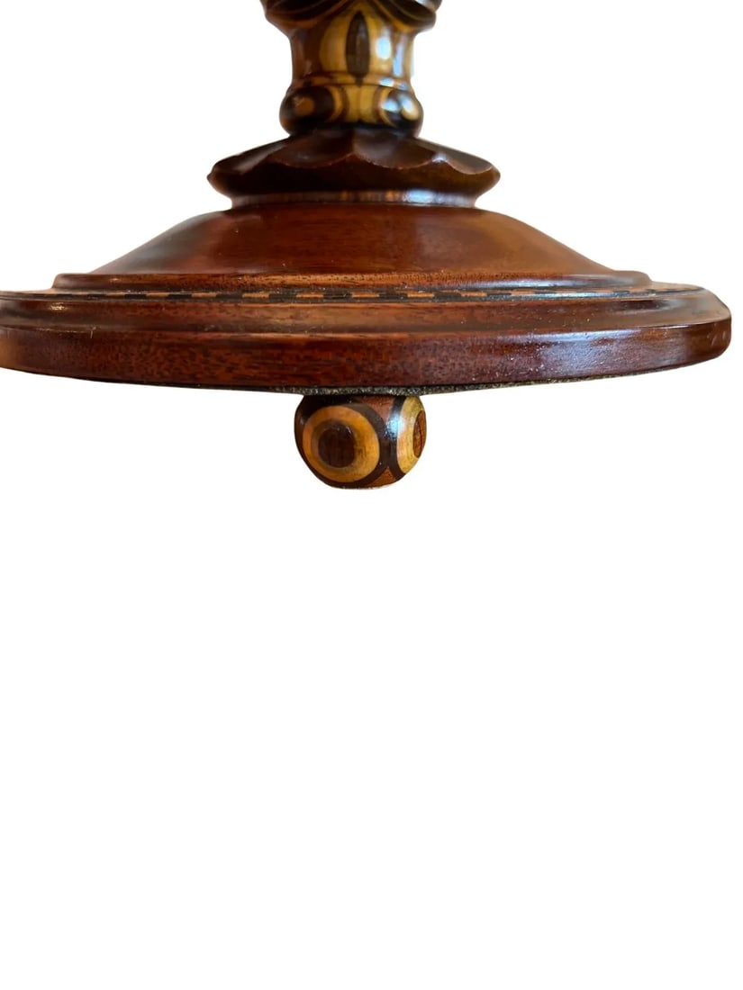 Fine American Turned Walnut & Mixed Marquetry Wood Candlesticks Circa 1925 - 11