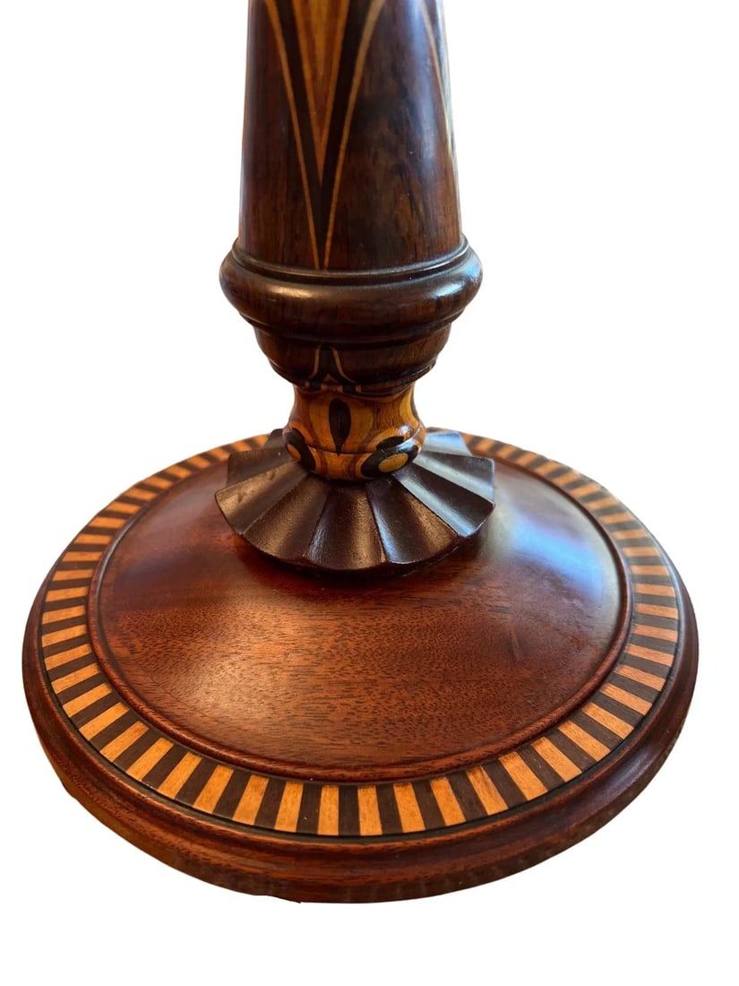 Fine American Turned Walnut & Mixed Marquetry Wood Candlesticks Circa 1925 - 12