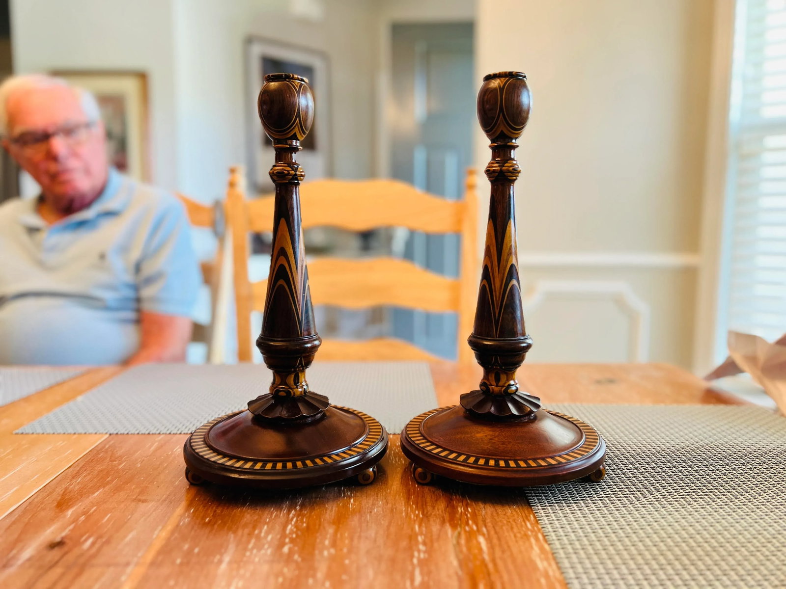 Fine American Turned Walnut & Mixed Marquetry Wood Candlesticks Circa 1925 - 13
