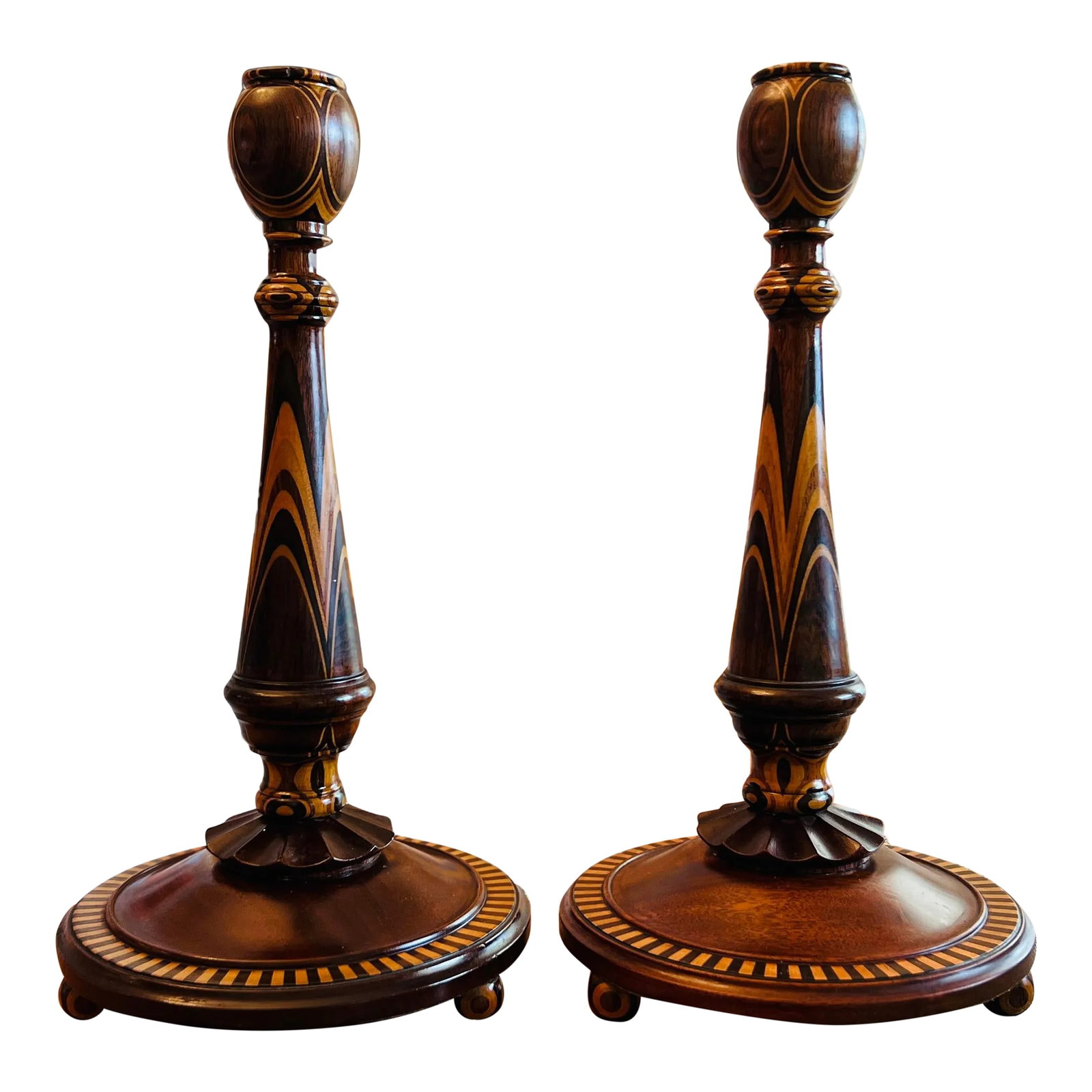Fine American Turned Walnut & Mixed Marquetry Wood Candlesticks Circa 1925: Fine American Turned Walnut & Mixed Marquetry Wood Candlesticks Circa 1925 Each candlestick is finely crafted in a mix of walnut, mahogany, oak and other quality woods. Sculptured with inlay across