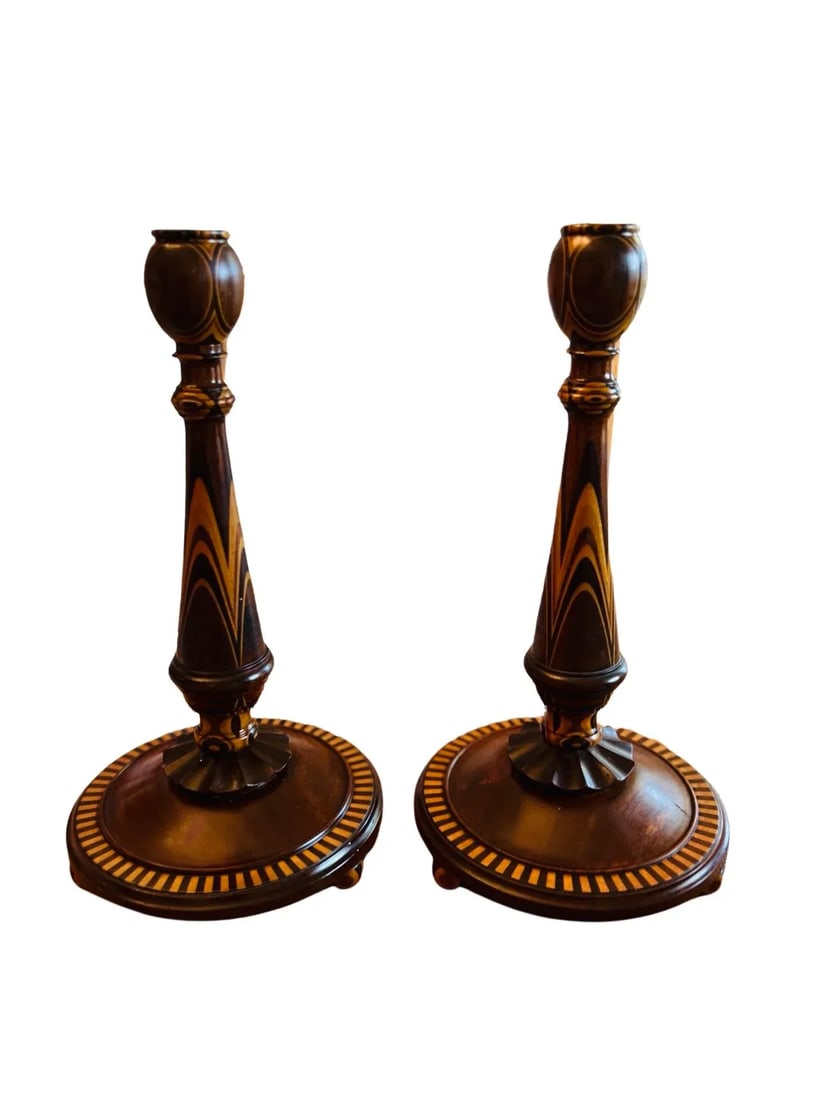 Fine American Turned Walnut & Mixed Marquetry Wood Candlesticks Circa 1925 - 2