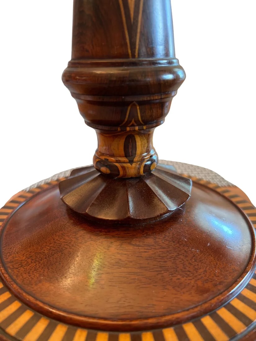 Fine American Turned Walnut & Mixed Marquetry Wood Candlesticks Circa 1925 - 4