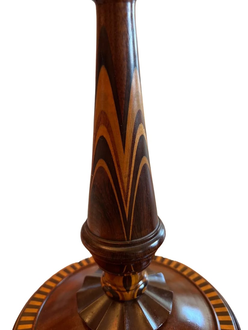 Fine American Turned Walnut & Mixed Marquetry Wood Candlesticks Circa 1925 - 5
