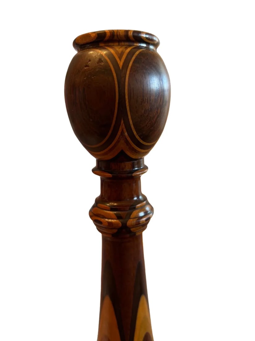 Fine American Turned Walnut & Mixed Marquetry Wood Candlesticks Circa 1925 - 6