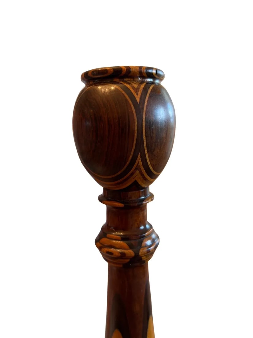 Fine American Turned Walnut & Mixed Marquetry Wood Candlesticks Circa 1925 - 7