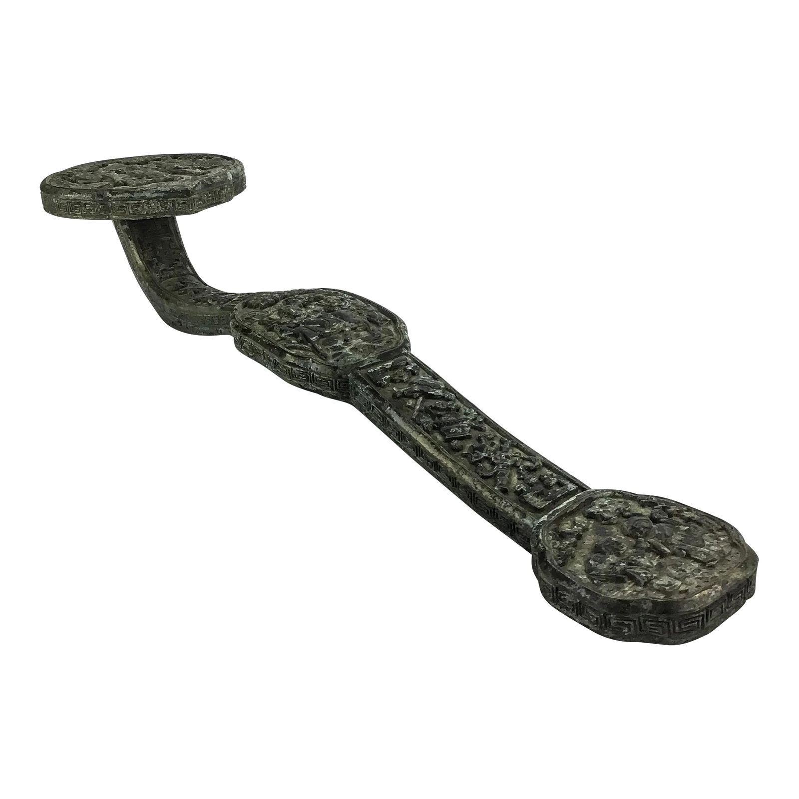 Lacquered Bronze Ceremonial Scepter Symbolizing Power and Fortune in Chinese Folklore: This antique scepter is carved in relief with the 8 Buddhist emblems among lotus and floral designs. In wonderful condition for the age. Part of our extensive collection of Asian Antiques and Art.