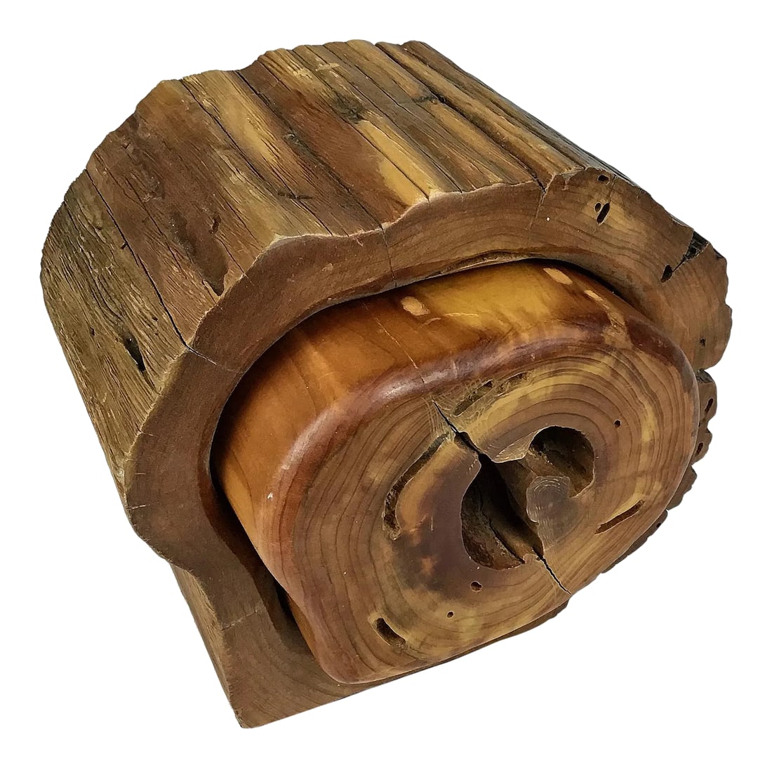 Artisanal Wood Jewelry Box: Totally unique Box within a Box hand carved work of art. There are 3 levels to this work. From the tree branch a box has been carved out and from that carved box is a third box. All are lined in red