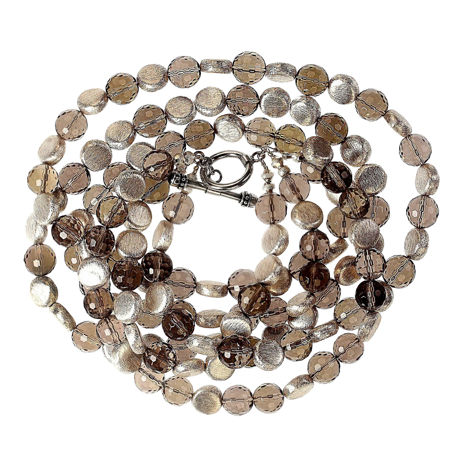 Triple-Strand of Sparkling Faceted Smoky Quartz and Silver Necklace: This is part of Chairish's Costume Jewelry assortment. Elevate Your Style with a Unique Three-Strand Smoky Quartz Necklace This exquisite necklace features three strands of sparkling 10mm round