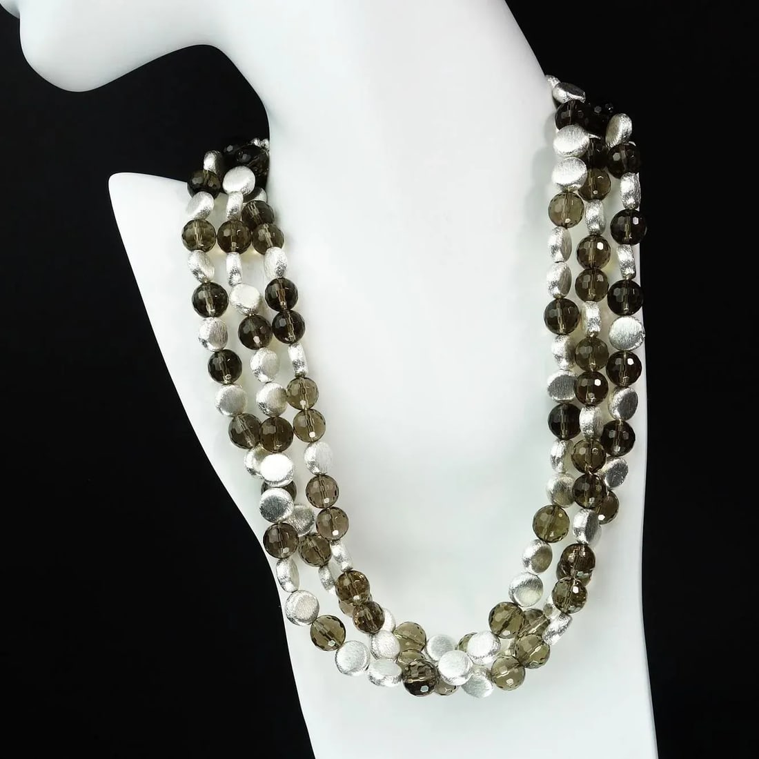 Triple-Strand of Sparkling Faceted Smoky Quartz and Silver Necklace - 2