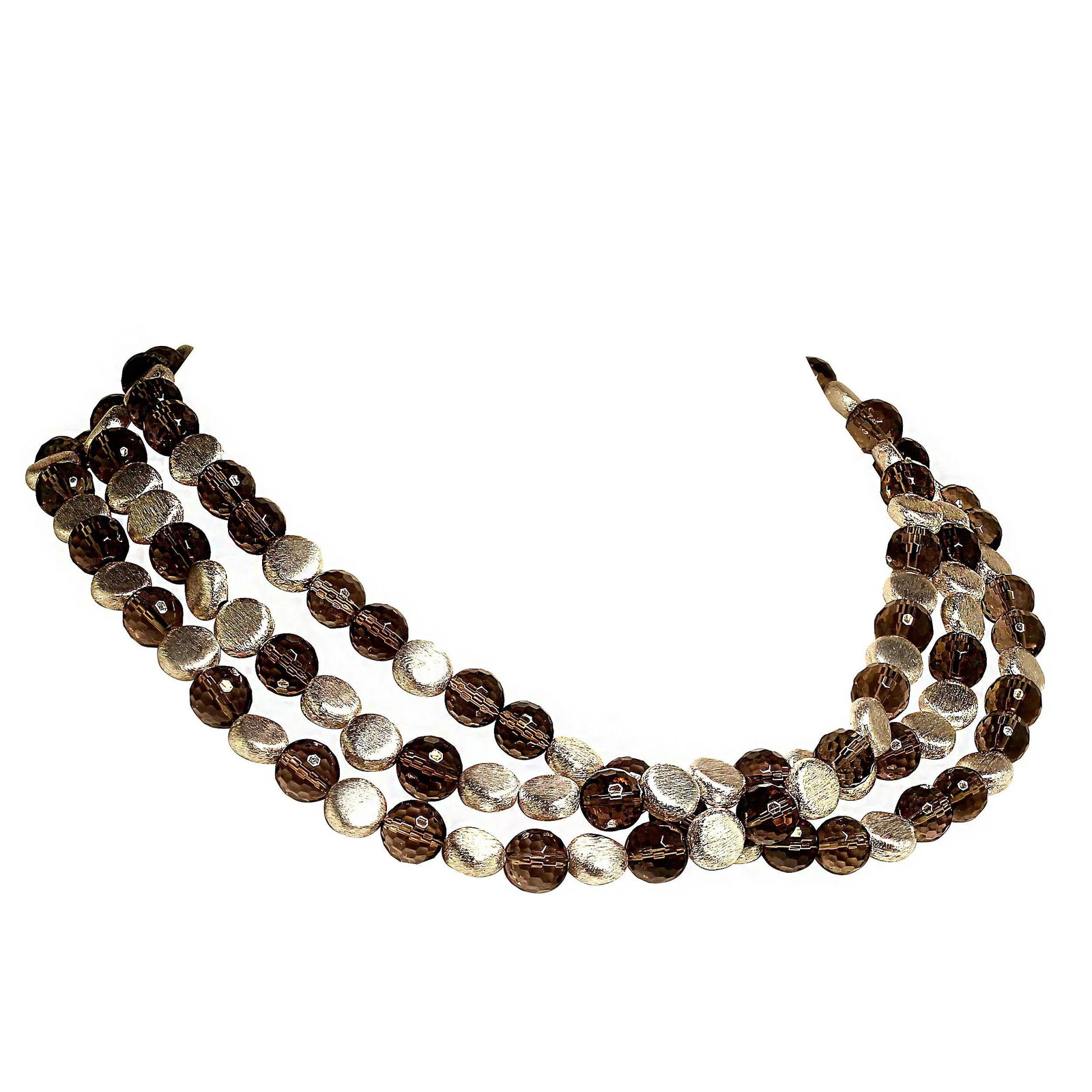 Triple-Strand of Sparkling Faceted Smoky Quartz and Silver Necklace - 3