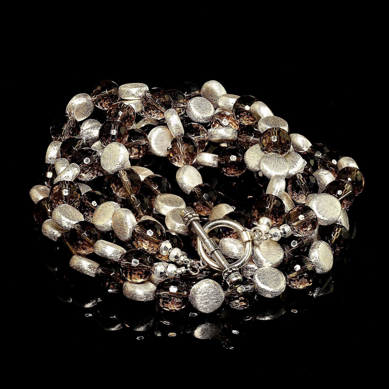 Triple-Strand of Sparkling Faceted Smoky Quartz and Silver Necklace - 4