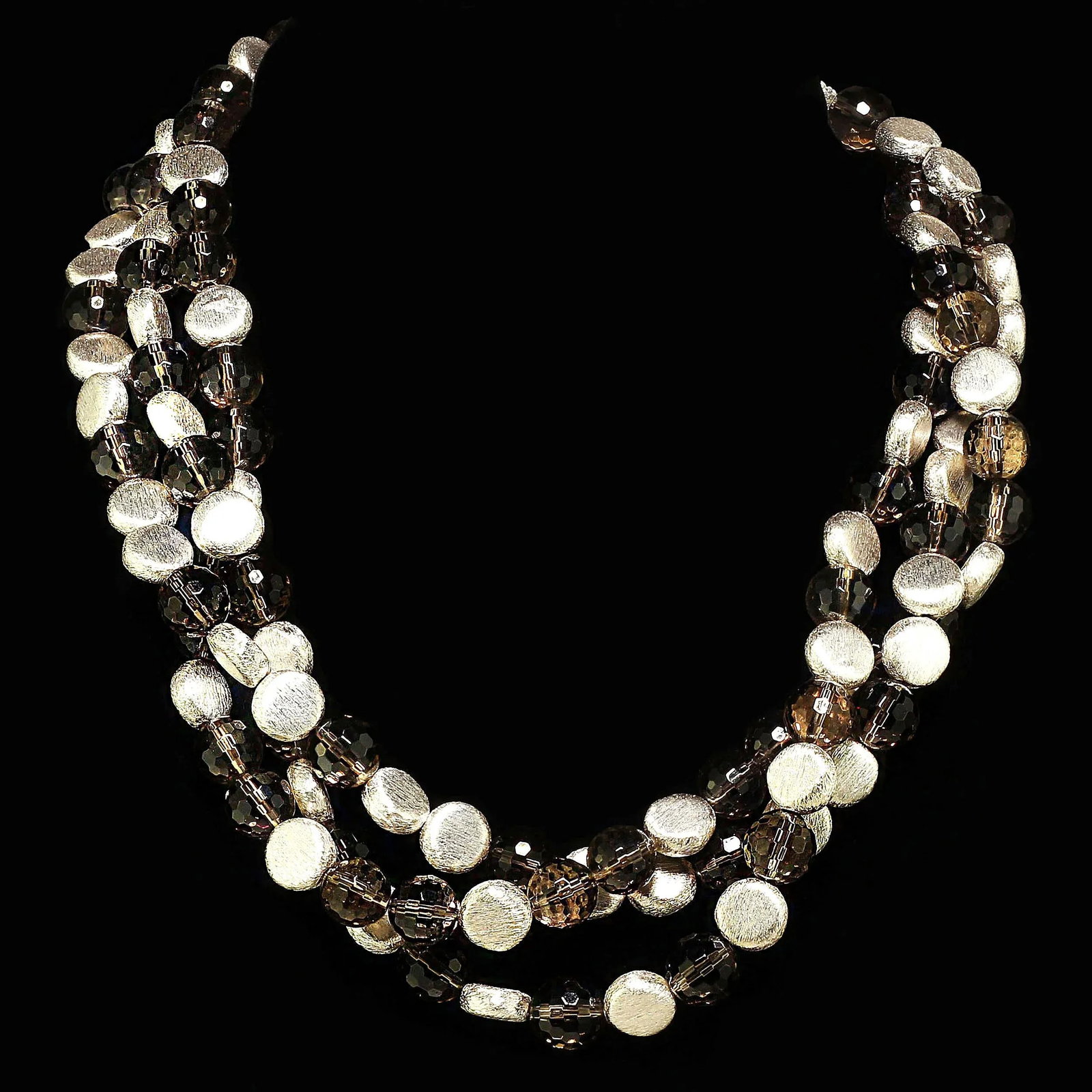 Triple-Strand of Sparkling Faceted Smoky Quartz and Silver Necklace - 5