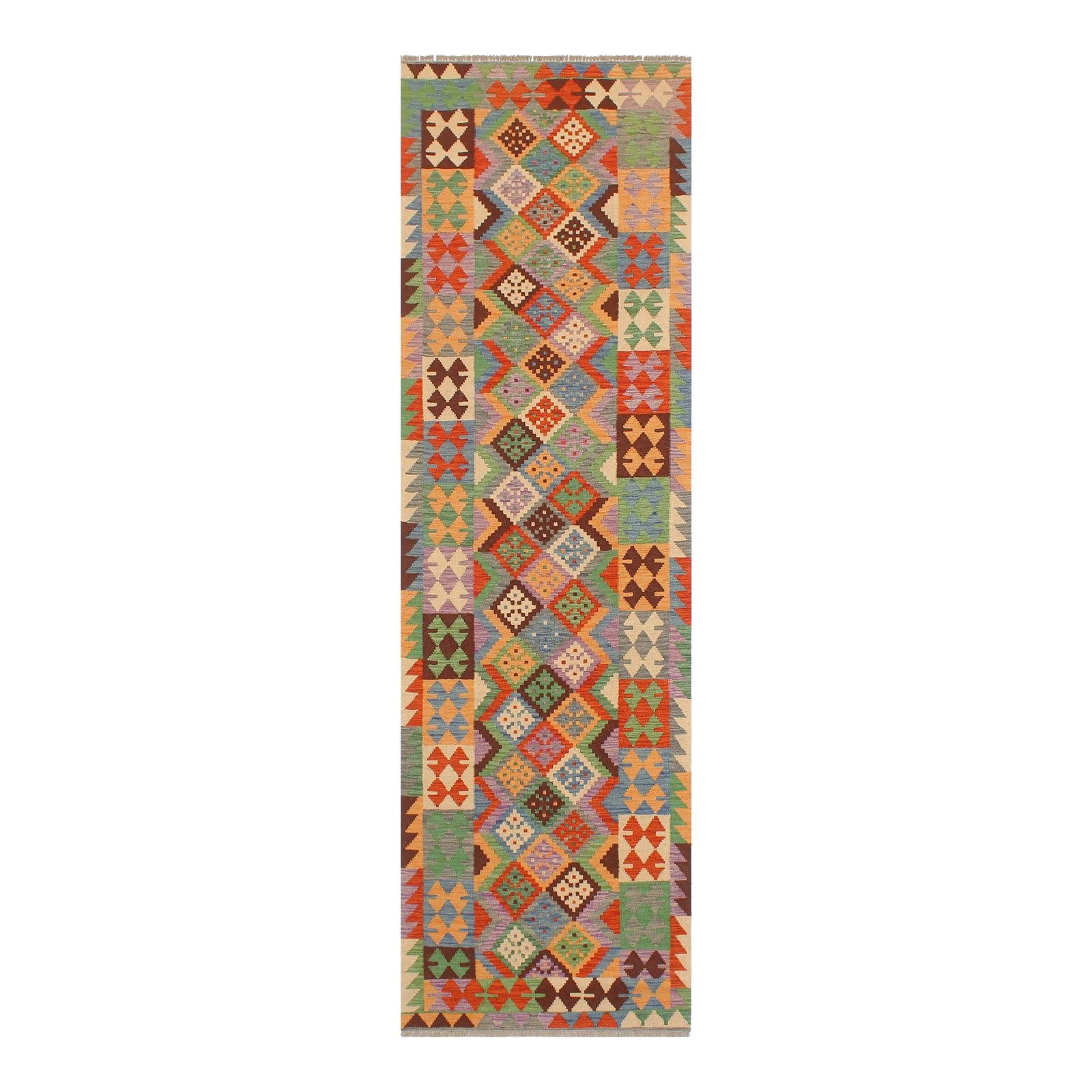 Boho Chic Kilim Gray Rust Hand Woven Rug - 2'9" X 9'7": Add a touch of elegance to your home with this casual chic hand woven Tribal Kilim wool rug. Constructed on a loom by Nomad Turkman people with hand-spun wool and 100% Natural Vegetable dyes these