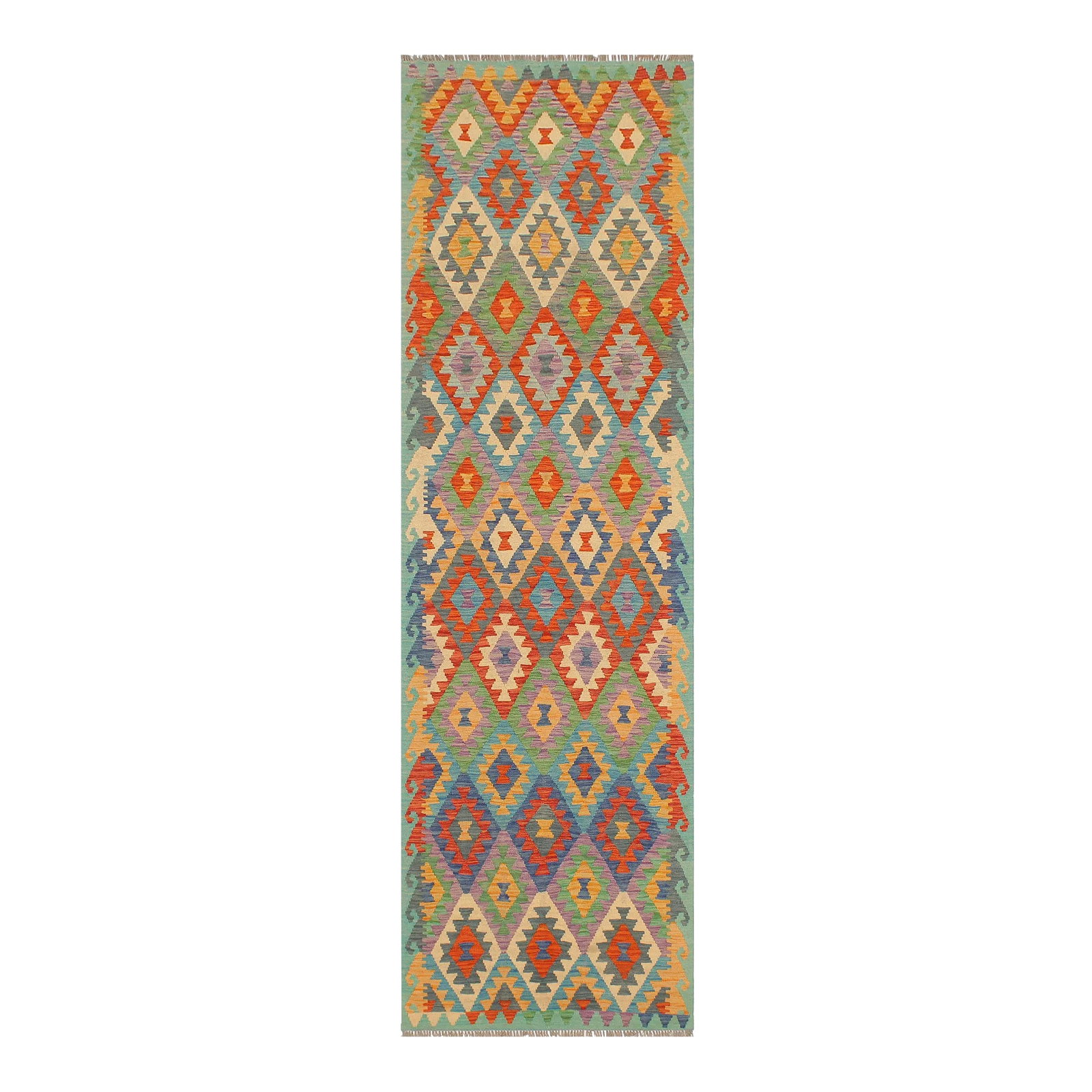 Kilim Rust Blue Hand Woven Rug - 2'9" X 9'7": Add a touch of elegance to your home with this casual chic hand woven Tribal Kilim wool rug. Constructed on a loom by Nomad Turkman people with hand-spun wool and 100% Natural Vegetable dyes these