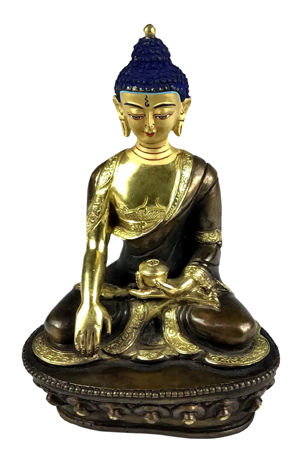 Shakyamuni Buddha Gold & Bronze Nepalese Figurine: From the most famous region in the world for Buddha, this statue is coming from Nepal. The bottom is made to be removed in order to hold your chakras. Shakyamuni Buddha attained enlightenment after