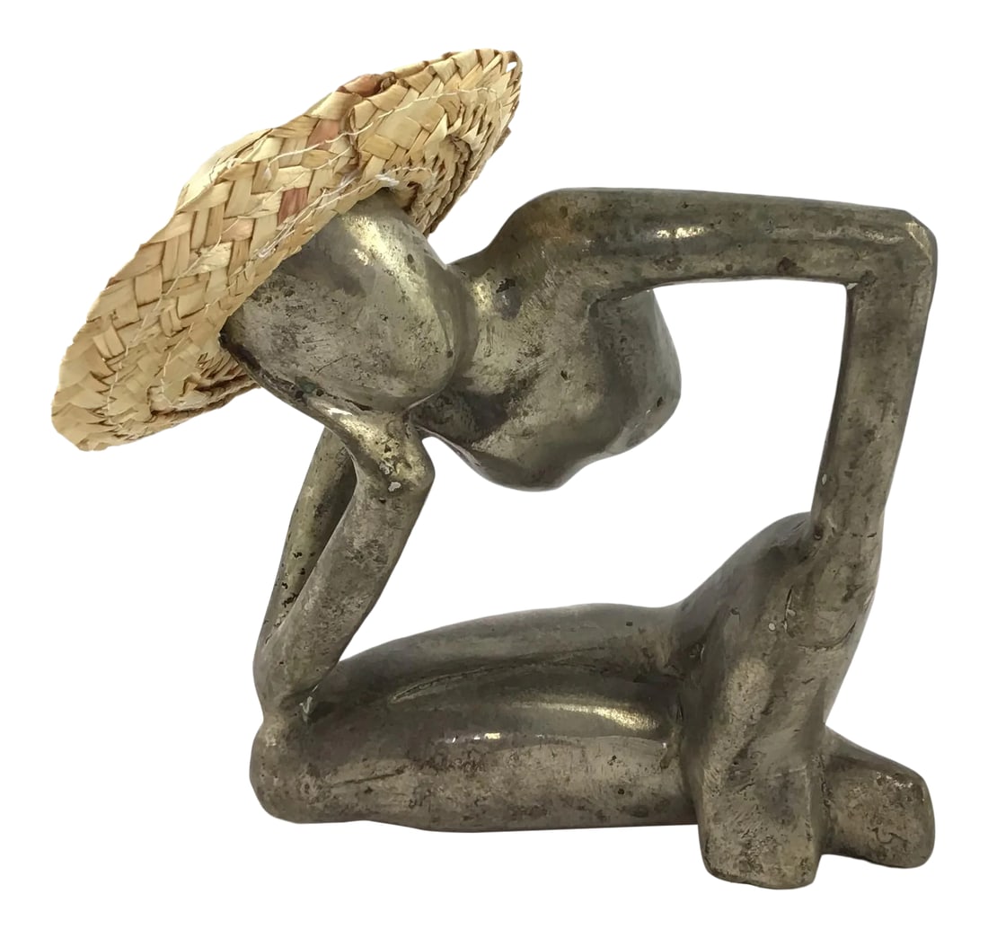 "Man in Mid Air" Modern Metal Artisanal Sculpture: A very cool metal sculpture from the 60's. We love the unique way this man is literally hanging out in mid air. We love the straw hat that fits "just right". Not signed. Condition: Alterations: