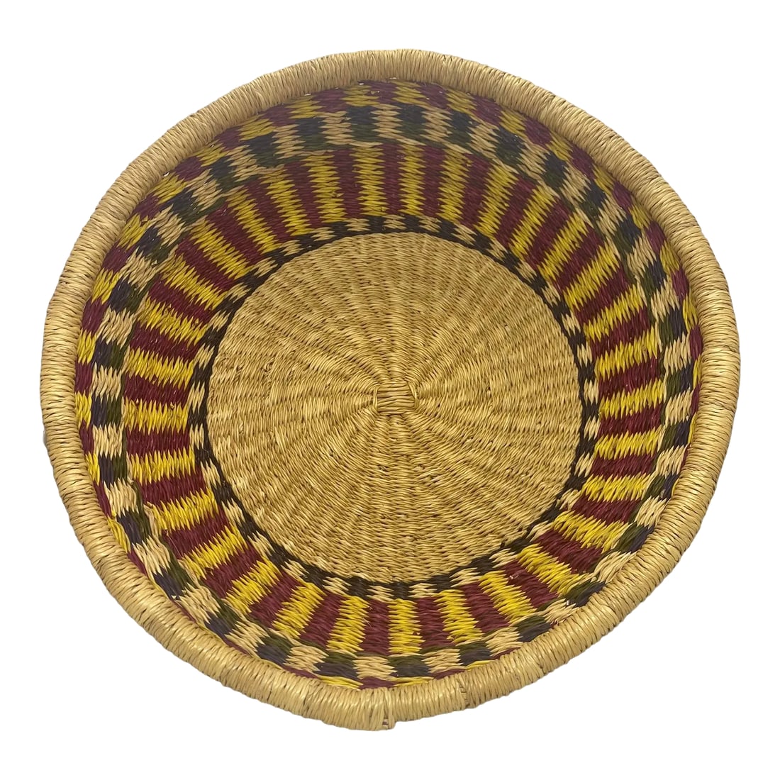 Mid 20th Century Vintage Bohemian Hand Woven Basket: Introduce a burst of color to your home with this vintage hand-woven basket. Measuring 14 inches in diameter, it showcases a captivating blend of purple, yellow, green, blue, and black hues. Whether u