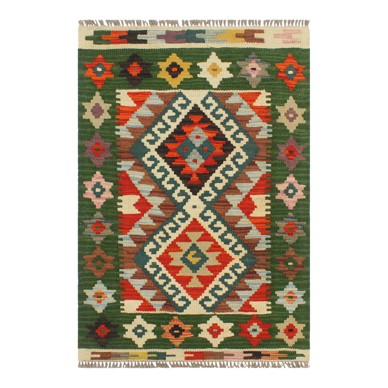 1990s Rustic Kilim Rust Green Wool Rug - 2'0" X 2'11": Add a touch of elegance to your home with this casual chic hand woven Tribal Kilim wool rug. Constructed on a loom by Nomad Turkman people with hand-spun wool and 100% Natural Vegetable dyes these