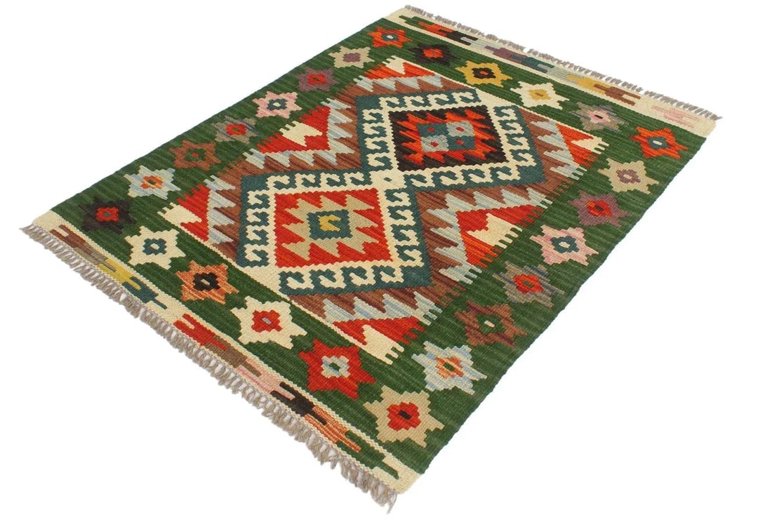 1990s Rustic Kilim Rust Green Wool Rug - 2'0" X 2'11" - 2
