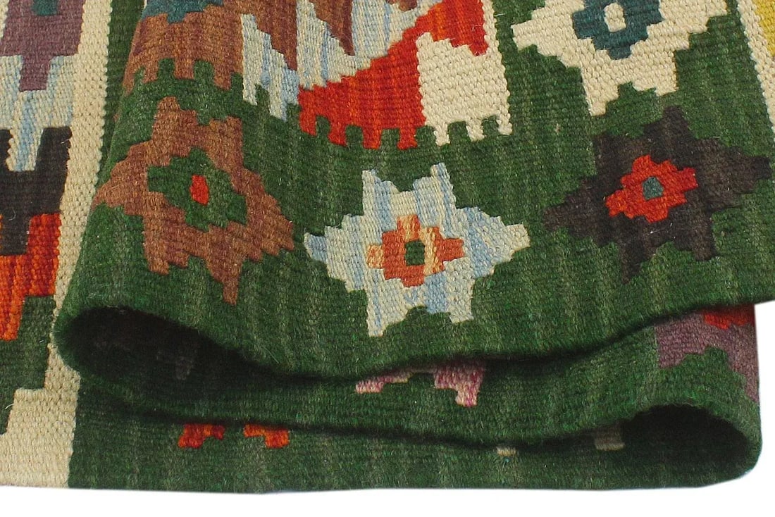 1990s Rustic Kilim Rust Green Wool Rug - 2'0" X 2'11" - 6