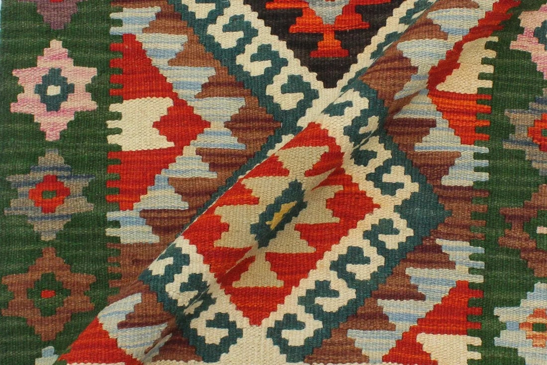 1990s Rustic Kilim Rust Green Wool Rug - 2'0" X 2'11" - 7