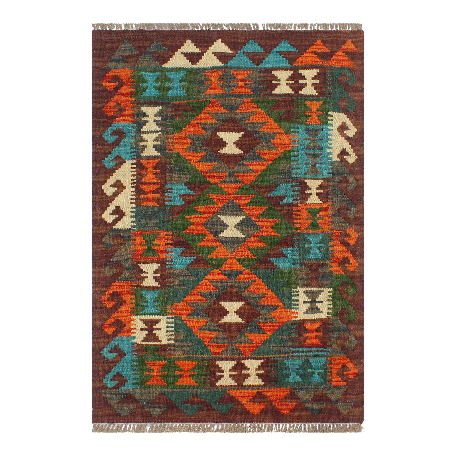 1990s Kilim Rust Brown Wool Rug - 2'0" X 2'11": Add a touch of elegance to your home with this casual chic hand woven Tribal Kilim wool rug. Constructed on a loom by Nomad Turkman people with hand-spun wool and 100% Natural Vegetable dyes these