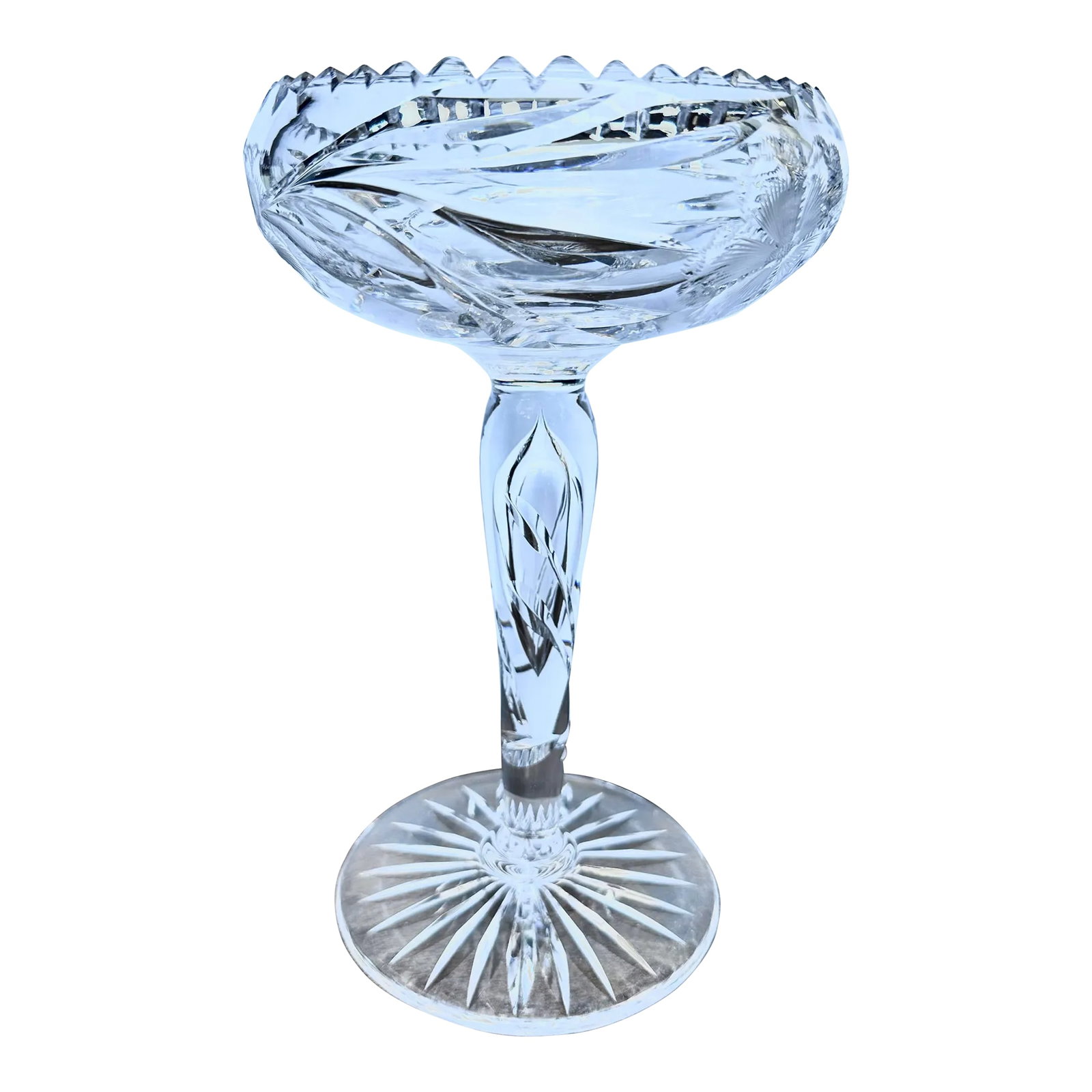 Antique American Brilliant Period Comport Bubble Stem: Antique cut crystal from American Brilliant period Comport or Tazza with Bubble in Cut Leaf Stem Early 1900's 9.5 high x 6 wide bowl x 2" deep American Brilliant Period ranged approximately from 1876