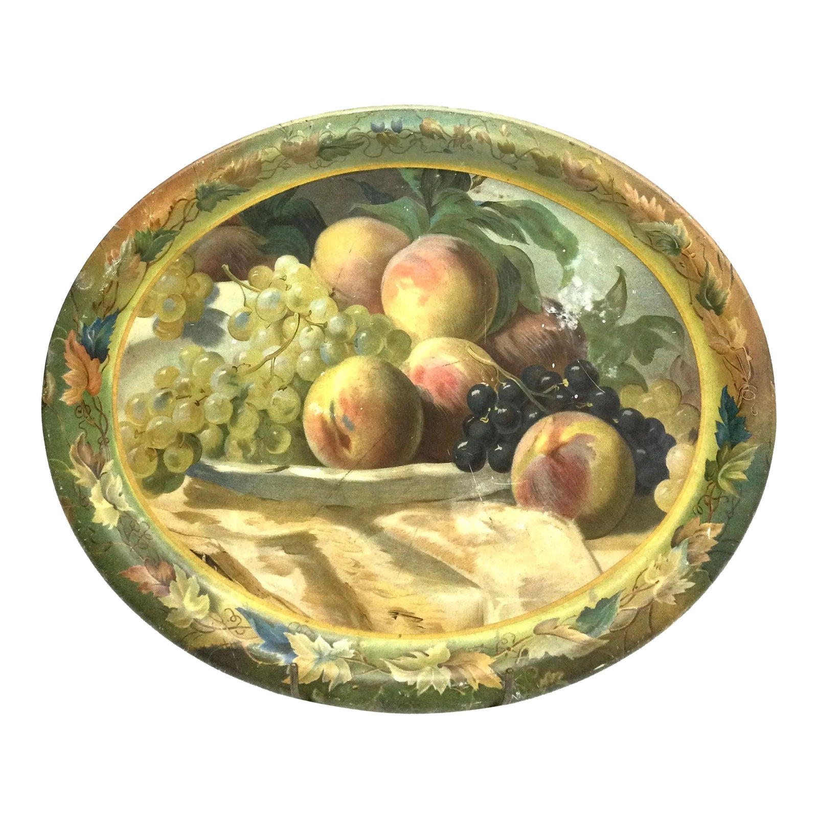 Authentic Antique Toleware Platter Serving Tray: Absolutely a beautiful decoration piece or use this tray to serve drinks or appetizers. We are including the custom metal stand. This metal painted fruit themed platter is really old, but I think it