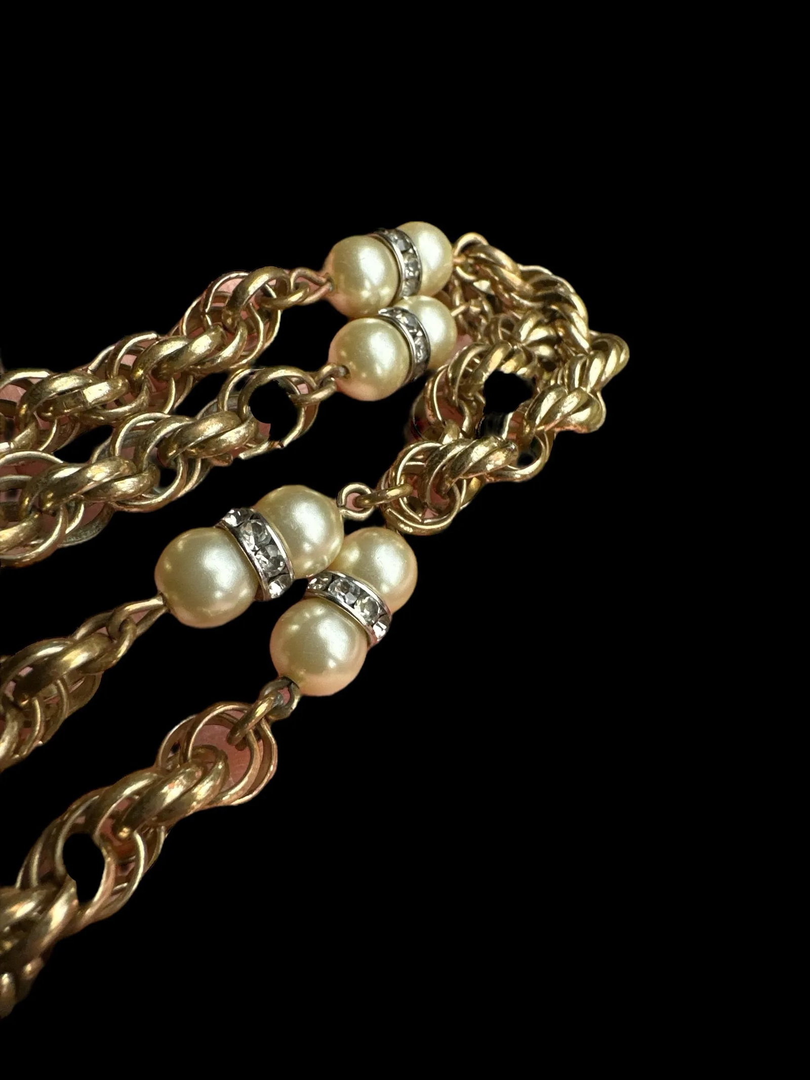 Mid 20th Century Trifari Chainlink Tassel Faux Pearl Rhinestone Necklace and Bracelet Set - 2 Pieces - 11